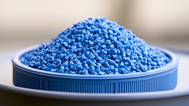 A pile of blue plastic polymer pellets in a container, raw material for industrial manufacturing, production process, and recycling concepts