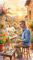 Naklejka premium Man painting landscape on balcony overlooking village.