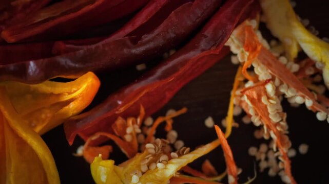 Bright red and yellow chili pepper pieces with exposed seeds laid out on a dark wooden board in close-up. Vivid natural texture of fresh organic peppers for food design background