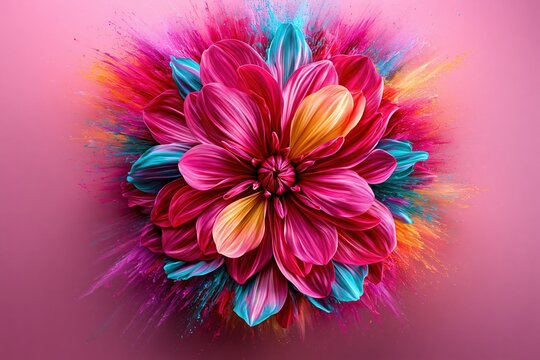 Pink dahlia flower exploding with colorful paint splash commercial art