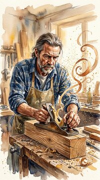 A bearded man in an apron uses a traditional hand plane on a wooden block in a sunlit workshop, creating wood shavings in this watercolor illustration.