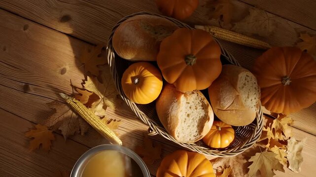 Autumn Harvest Flat Lay with Pumpkins and Fresh Bread on Rustic Wooden Background