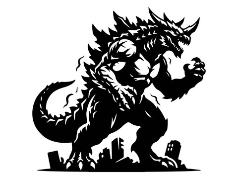 Giant Kaiju Monster Vector, Roaring God zilla Silhouette and City Destroyer Graphic