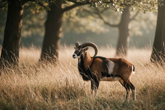European mouflon ram stands in tall dry grass woodland during soft morning light. Male animal with curled horns pauses among trees, showing natural habitat and calm demeanor in forest.