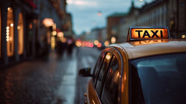 Taxi Cab With Illuminated Roof Sign On Wet City Street At Dusk