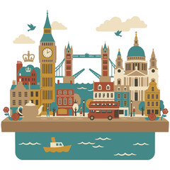 Obraz premium Stylized illustration of london landmarks with big ben and red bus