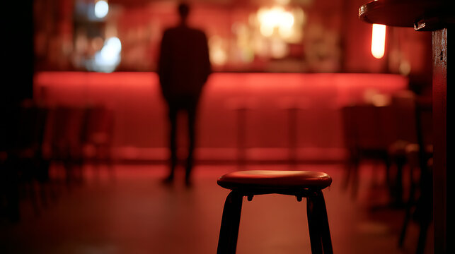 Lonely person standing at a glowing red bar counter in a dark nightclub interior with an empty stool in the foreground for concept