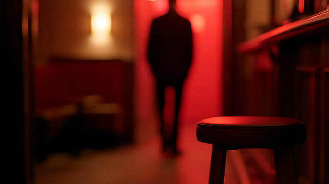 A lonely bar stool sits in the foreground with a blurred silhouette of a man standing in a mysterious red lit hallway in a dark night club
