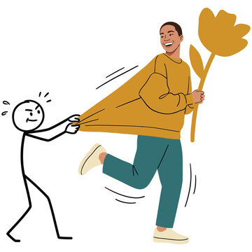 Stick figure pulling on a man's shirt while he runs away with a large