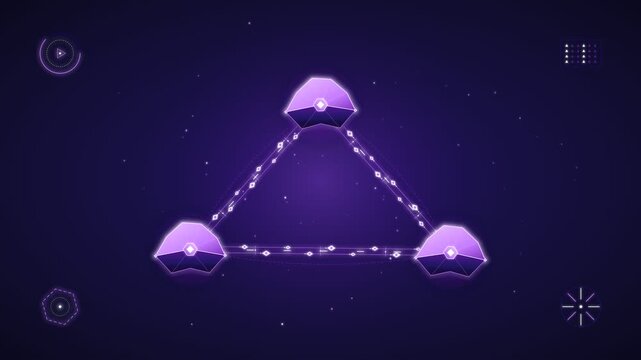 Abstract futuristic digital triangle connection network with glowing purple nodes