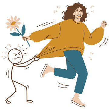 Stick figure pulling on a woman's shirt as she runs away with a white