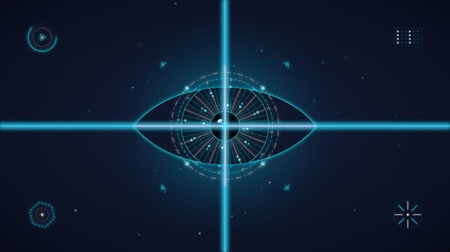 Futuristic digital eye scanning interface with glowing blue holographic targeting lines and HUD elements