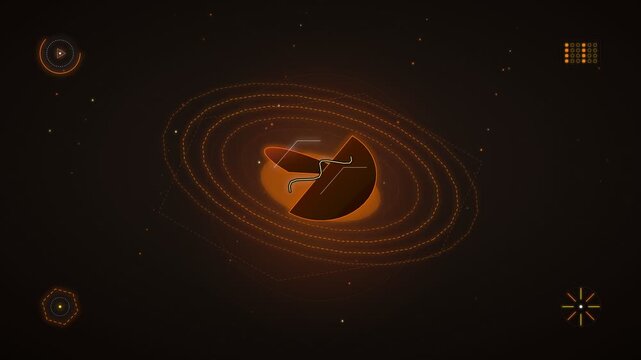 Futuristic orange digital interface displaying planet and rings in space