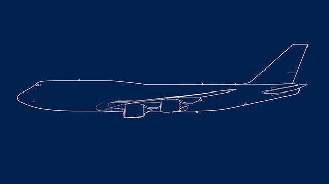 Minimalist white line art sketch of a commercial wide body airplane profile on a dark blue background vector design concept illustration