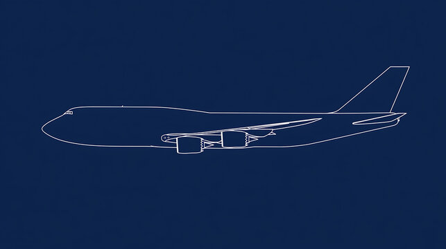 Minimalist white line art vector graphic illustration of a large commercial passenger airplane side profile isolated on a deep blue background