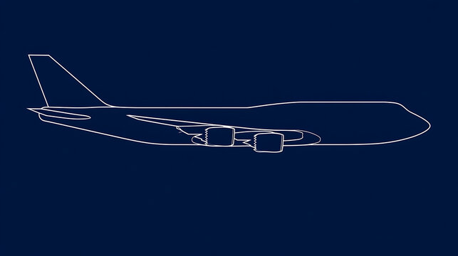 Minimalist white line art vector illustration of a large commercial passenger airplane profile isolated on a dark blue solid background sky