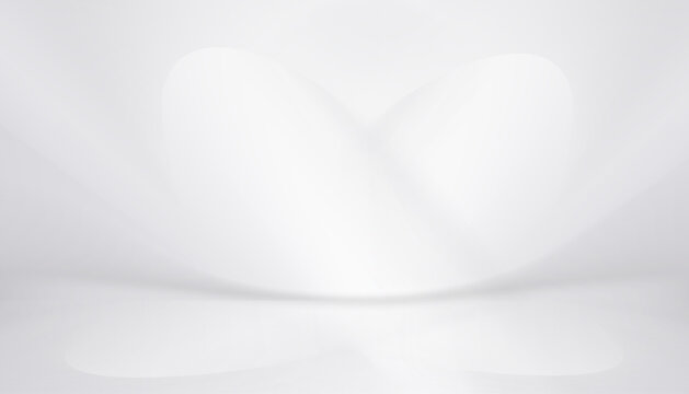 Silver Gray Studio Background With White Spotlight Forming Heart Shape On Wall And Floor, Light Pattern With Copy Space For Valentine Product Display, Wedding, Romantic Banner And Luxury Presentation.