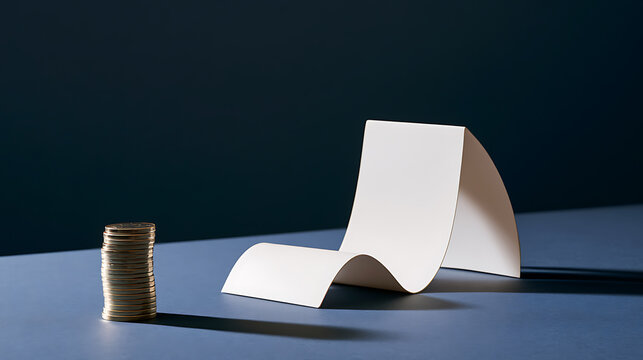 Minimalist financial concept with stacked metal coins beside a curved white paper shape on dark blue surface representing budget balance