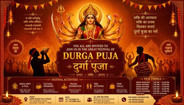llustration of Goddess in Happy Durga Puja Subh Navratri Indian religious header banner background with text in Hindi meaning Mother Durga