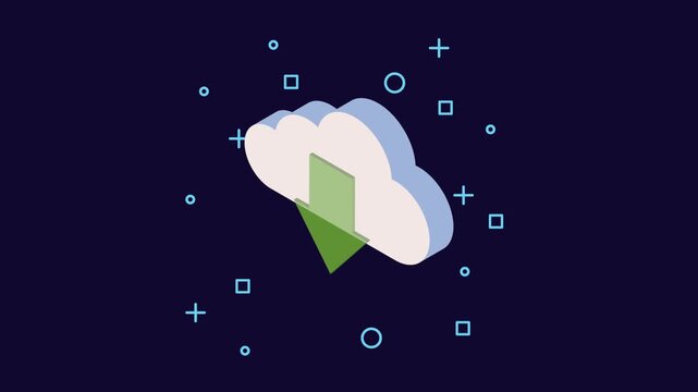 Dynamic cloud download motion graphic with arrow and abstract shapes.