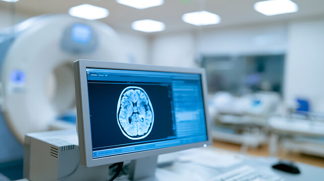 Advanced medical technology in hospital radiology department with computer monitor display brain scan image during neurological diagnostic test