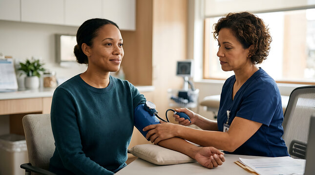 Compassionate healthcare professional measuring patient's blood pressure in a clinical setting during routine checkup