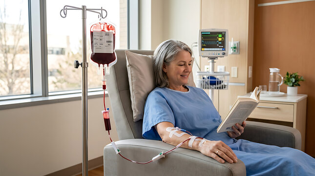 elderly woman receiving medical treatment in hospital and reading book during blood donation process