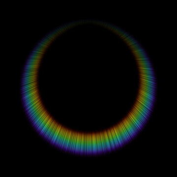 Asymmetric circular rainbow spectrum lens flare and chromatic aberration light ring with vibrant lower gradient isolated on black background