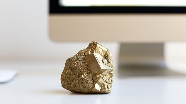 Sparkling pyrite mineral, also known as fool gold, resting on a white office desk surface with a computer monitor screen in background