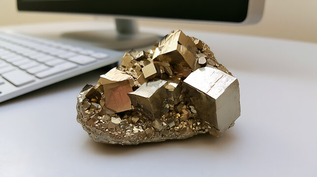 Natural pyrite crystal cluster, also known as fool gold mineral, sitting on a modern office desk with keyboard and computer monitor behind