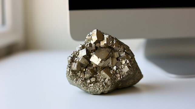 A sparkling cluster of natural iron pyrite mineral, also known as fool gold, sitting on a clean white desk next to a modern computer monitor