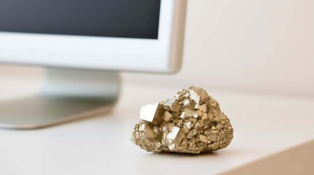Sparkling pyrite mineral cluster, also known as fool gold or iron pyrite, placed on a modern office desk near computer screen