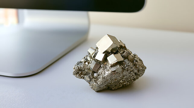 Pyrite mineral crystal cluster, also known as fool gold, resting on a clean white desk surface next to modern computer display setup object