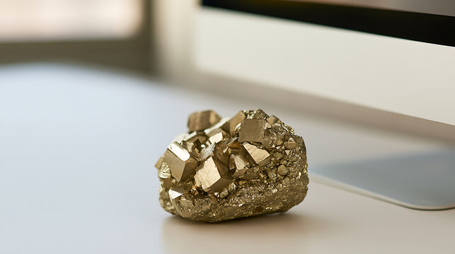A glittering piece of pyrite or iron pyrite mineral crystal cluster, also known as fool's gold, rests on a clean white desk office surface