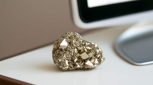 Heart shaped pyrite mineral crystal, iron pyrite or fool gold gemstone object on a modern office desk background for stock photography use