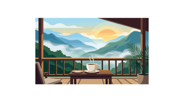 Peaceful mountain sunrise view from wooden terrace with coffee cup