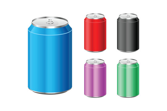A collection of five aluminum soda cans in different colors, including blue, red, black, purple, and green, isolated on a white background