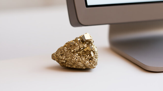 A shiny piece of pyrite mineral, also known as fool gold, resting on a clean white desk next to a computer screen in a bright office