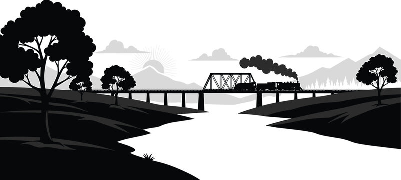 Black and white landscape of a steam train crossing a bridge over a river, with trees and mountains in the background