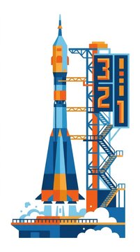 Space rocket launch countdown, 3 2 1 mission start, flat vector spaceship.