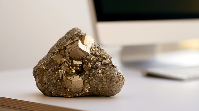 Sparkling pyrite crystal cluster or fool gold mineral specimen display on white office desk next to computer monitor in bright interior room
