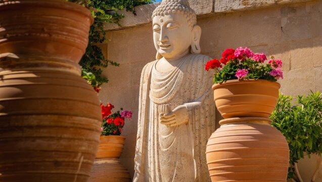 Serene Buddha Statue with Blooming Flowers in Terra Cotta Pots