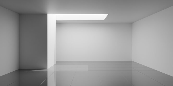 Empty modern white room interior or art gallery indoor background, skylight with sunlight and dark floor tiles, modern interior template