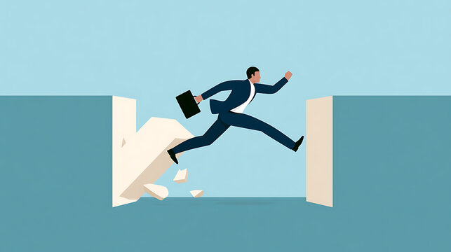 A brave businessman in suit leap across a dangerous abyss with a briefcase, overcoming obstacles and achieving success in modern career