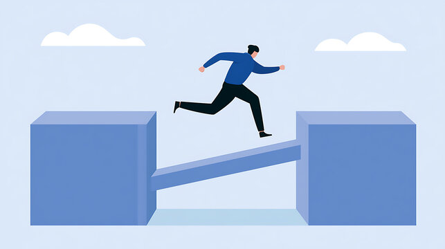 A business person run across a bridge between two large blocks representing challenge success strategy leadership progress goal focus ambition
