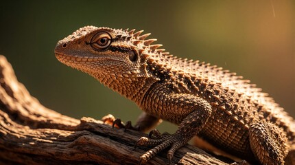 Fototapeta premium Spiky lizard rests on weathered wood branch. Close up macro view shows detailed rough scales and sharp claws. Sunlit reptile basks in natural warm light, showcasing desert fauna.