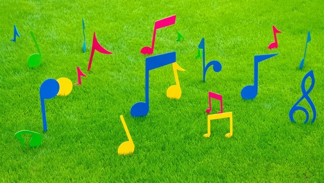 Colorful Music Notes Scattered on Green Grass
