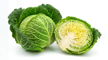 Fototapeta premium Fresh savoy cabbage whole and sliced half isolated on white background photo