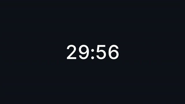 Minimalist digital text timer animation displaying a countdown on a clean dark background, ideal for presentations, productivity, technology, time management, and modern interface concepts.