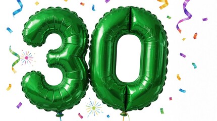 Naklejka premium Green foil balloons shaped like number 30 float against white background. Colorful confetti, streamers fall around large shiny digits. Festive decoration for thirtieth birthday anniversary party